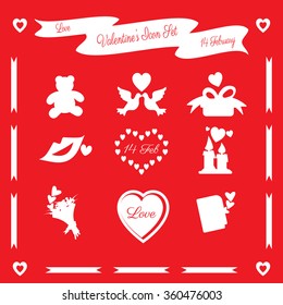 Set Valentine's day. Icons collection with hearts, lips, birds, bear, candles, gift, bouquet, postcard and decorative elements in silhouette. Vector illustration