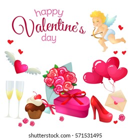 Set of Valentine's Day icons. Colorful cartoon illustration for Valentine's Day  greeting card and decoration. Vector.