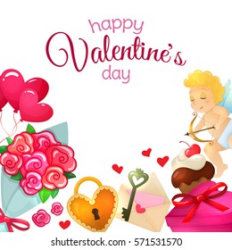 Set of Valentine's Day icons. Colorful cartoon illustration for Valentine's Day  greeting card and decoration. Vector.