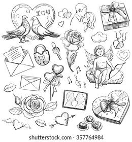 Set of Valentine's Day icons - cupid, love, hearts, doves, gifts, candy, lovers, flowers, valentine