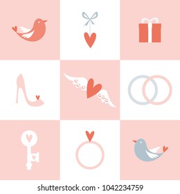 Set of Valentine's day icons elements collection. Background set on the wedding theme