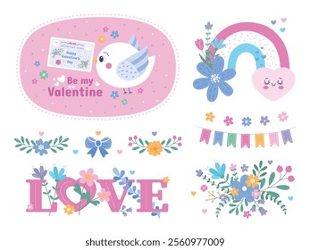 Set of Valentine's Day icons featuring a card, a bird, a rainbow, flowers, a garland, and a bouquet of flowers