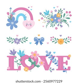 Set of Valentine's Day icons featuring a card, a bird, a rainbow, flowers, a garland, and a bouquet of flowers