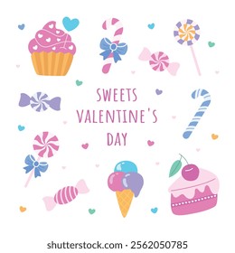 Set of Valentine's Day icons featuring sweets ice cream cupcake cake lollipops and candies