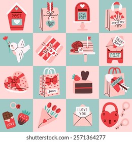 Set of Valentine's Day icons in flat style with love-themed items such as gift boxes, hearts, flowers, and mail, ideal for romantic designs, invitations, and celebrations.