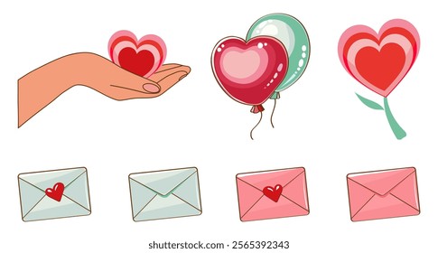 Set of valentine's day icons with hearts, balloons, envelope, heart on the palm. Cute love stickers set for daily planner and diary. Scrapbooking elements for valentines day, mother's day.