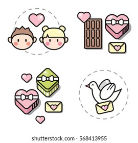 Set of Valentine's Day. Icons, logos, signs, arts. Lovely outline style. The boy and girl set of gifts, dove with a letter, parcel.