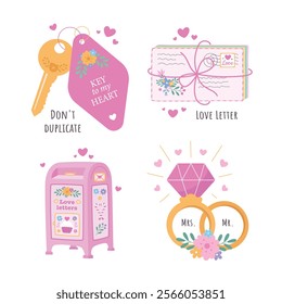 A set of Valentine's Day icons: love letters, mail, rings, and keys to the heart