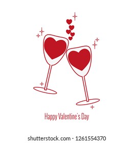 Set of Valentine's Day icons. Two wine glasses with red wine in shape of heart, stars and hearts decor. Elements for feast of February 14 for design of cards, posters, websites, flyers, 