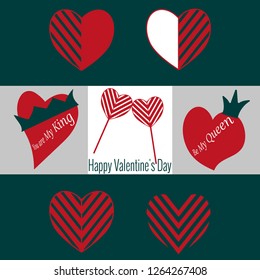 Set of Valentine's Day icons. Two heart shaped lollipops, heart with crown for decoration. Text You are My King, Be My Queen. Elements for feast of February 14 for design of cards, posters, websites.
