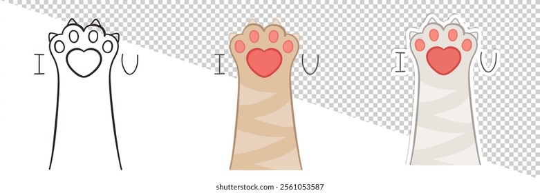 Set of Valentine's day illustrations with hand drawn cat's beige paw with pink pads features heart at its center and text "I love you" on white background. Outline, doodle colorful art and sticker 