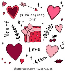 Set of Valentine's Day illustrations. Vector cartoon doodles. Isolated objects on a white background. Hearts, floral elements and letterings. Hand-drawn style.