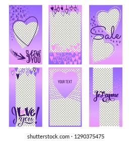 Set of Valentines day Instagram sale stories template. Creative universal editable cards in trendy style with hand drawn textures and lettering, Proton Purple colours on transparent background for
