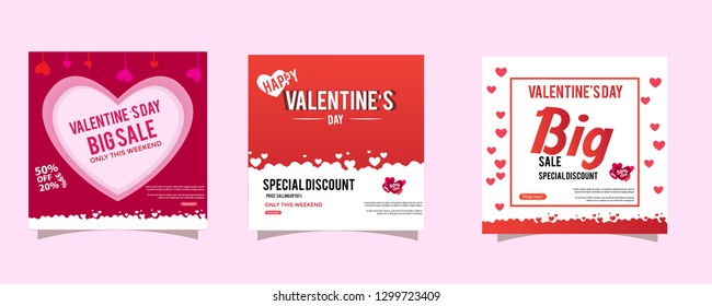 Set of Valentine's day Instagram Sale feed template. Streaming. Creative universal Editable cards in trendy style with love for social media promo.