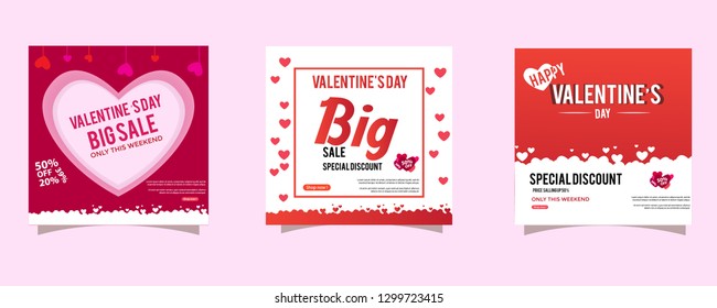 Set of Valentine's day Instagram Sale feed template. Streaming. Creative universal Editable cards in trendy style with love for social media promo.