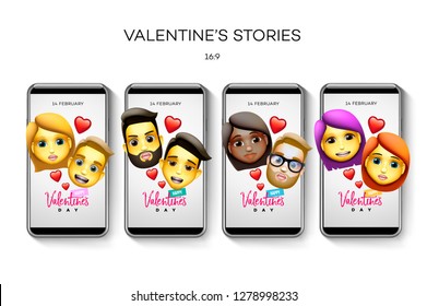 Set of Valentine's day Instagram stories template. Streaming. Creative universal Editable cards in trendy style with couple characters, animoji style, vector illustration.