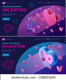 Set Valentines day isometric concept, A couple in love, a guy and a girl who love each other, Isometric vector concept banner, Vector illustration