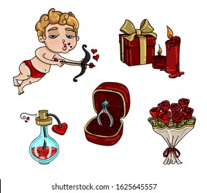 Set of Valentine's day items. Eros, giftbox and candles, love elixir, engagement ring, red roses bouquet.