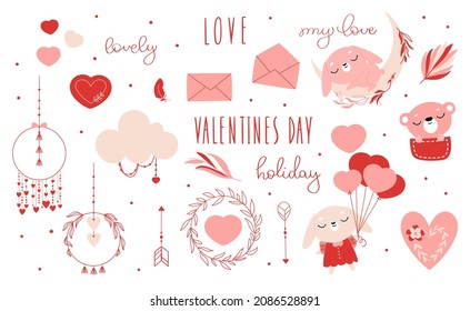 A set of Valentine's day items. Vector illustration with a set of objects in boho style