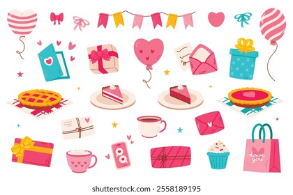 Set of valentines day items. Vector illustration in flat style, isolated on white background.