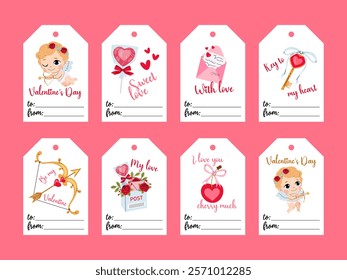 Set of Valentine's day labels. Cards for gift wrapping. Tags collection decorated with doodles and text for gift decor.