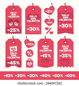 Set of Valentines Day labels flat design elements. Discounts, sales and offers