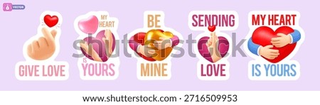 Set of Valentines Day labels, stickers, banner, greeting card template. Romantic cute design, 3d conceptual objects, hearts, finger heart sign, embracing and typography lettering. Vector illustration