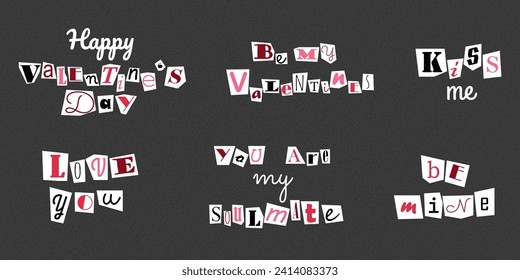 Set of valentine's day lettering in ransom note text style. Collage paper cut letters. Declarations of love on dotted textured background, noisy gritty dot halftone effect.