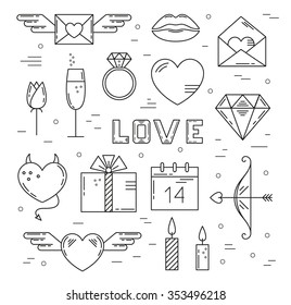 Set of Valentines day linear icons. Set in thin line style