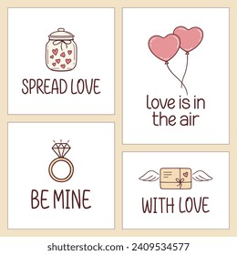 Set of Valentines day and love cards with cute doodle elements