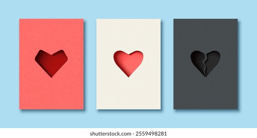 Set of Valentine's day and Love concept. Minimal 3D Paper cut os heart shape. Vector illustrations for greeting cards, backgrounds, web banners, social media banners.