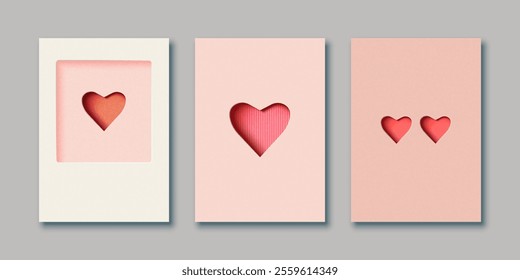 Set of Valentine's day and Love concept. Minimal 3D Paper cut os heart shape. Vector illustrations for greeting cards, backgrounds, web banners, social media banners.