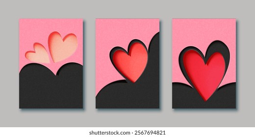 Set of Valentine's day and Love concept. Minimal 3D Paper cut os heart shape. Vector illustrations for greeting cards, backgrounds, web banners, social media banners.