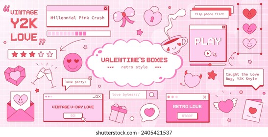 Conjunto de elementos de amor del Día de San Valentín en la ventana Y2K, Notificación, cuadro de diálogo, corazón, botón, cursor, clasificación, carga y barras de volumen. Interfaz en la estética de Groovy Vaporwave 90s. Vector Cute Romant