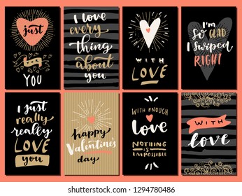 Set of Valentine's Day Love hand lettered modern calligraphy cards. Vector typography vintage illustration