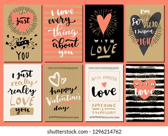 Set of Valentine's Day Love hand lettered modern calligraphy cards. Vector typography vintage illustration