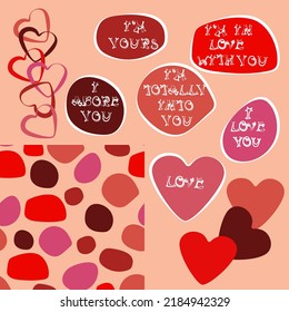 Set for Valentine's Day love phrases, red and pink hearts, a pattern of spots.