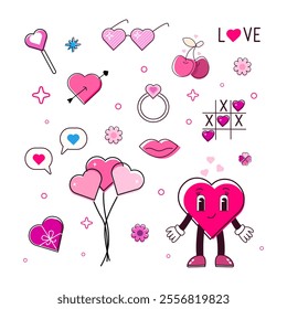 Set Valentines day. Lovely heart.  Wedding and love concept.  Heart characters girl, women, female and elements. Romantic element — hearts, gift, lips, balloons, ring, tic tac toe, cherry.