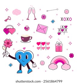 Set Valentines day. Lovely heart.  Wedding and love concept.  Heart characters boy, person elements. Romantic element — rainbow, letter, gift, lock, mug, key, cloud,  tic tac toe. Decorative elements 