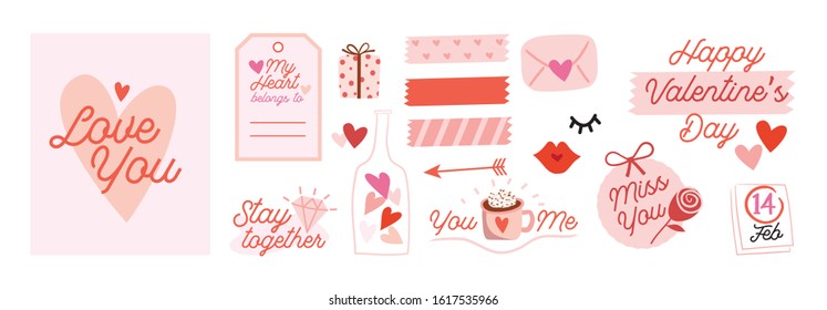 Set of for Valentines day. Lovely, romantic and cute vector elements with hand lettering. Colorful tapes, lips, heart, bottle, label, sticker, envelope, arrow, ribbon, diamond ring. - Vector