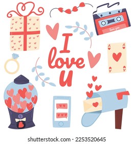 Set for Valentine's Day of many elements. Heart, love, ring. In a modern cute style. Marriage and love concept. Elements on a white background.