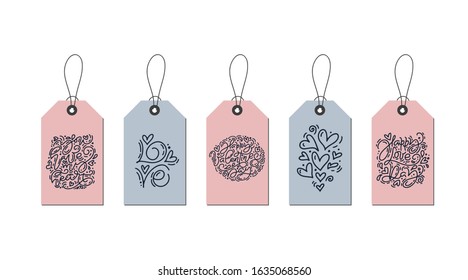 Set of Valentines Day monoline gift tags. Typographic vector design with illustrations and wishes. Holiday valentine card badges and labels with love theme.