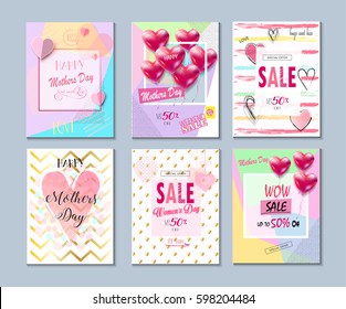 Set of Valentine's day, Mothers Day card, sale and web banners flyers templates with lettering, hearts, balloons. Typography poster, label, brochure banner design collection. Love, Romance promotion