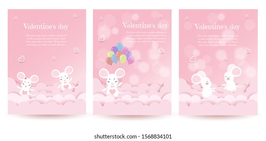Set valentines day mouse show love, mouse on the background of hearts on Valentine's day 14 February Happy valentines day in VECTOR