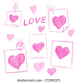 set of Valentine's Day notes with scribbled hearts