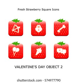 Set Valentines Day Objects 2 Fresh Strawberry Square Icons Web Designers Mobile User Interface Designers