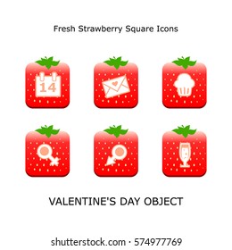 Set Valentines Day Objects Fresh Strawberry Square Icons Web Designers Mobile User Interface Designers