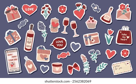 Set of Valentines day objects isolated on white. Valentines day and love concept.  Flat style hand drawn vector stickers.