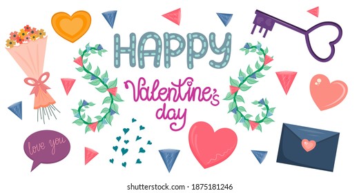 A set of Valentine's Day objects and lettering is isolated on a white background. Vector clipart for Valentines and postcards for Valentine's Day-February 14.