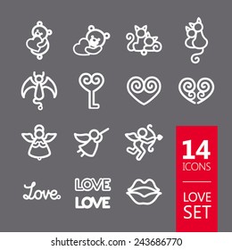 Set valentine's day objects, Love icon (teddy bear, cats, devil, angel, heart, key, cupid, love, lips)